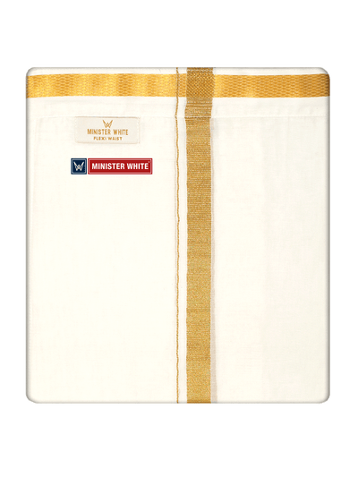 Mens Cotton Cream Single Layered with Gold Jari Velcro Pocket Dhoti - Trigger by Minister White