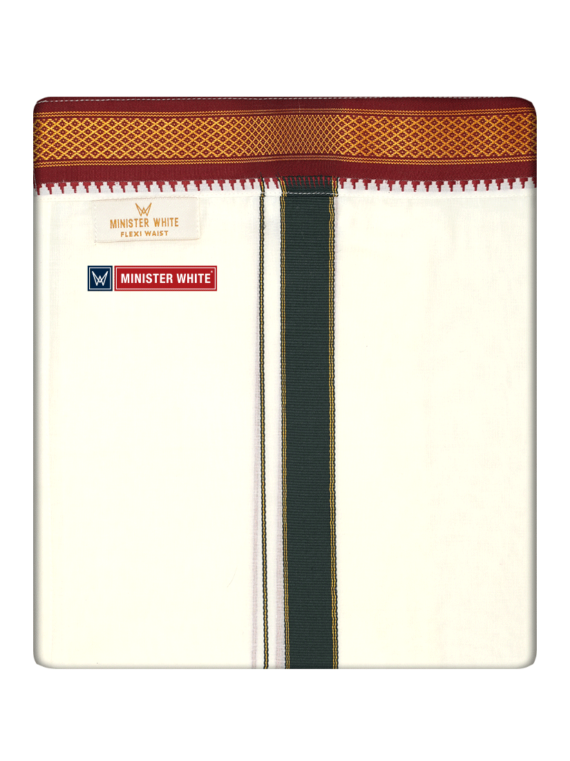 Mens Cotton Cream Colour Double Layered with Myilkhgan Border Velcro Pocket Dhoti - Kanishka