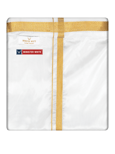Mens Cotton White Colour Double Layered with Gold Jari Flexi Dhoti - Chairman by Minister White
