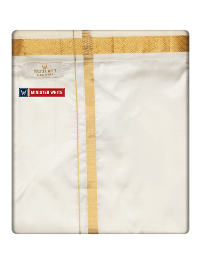 Mens Cotton Cream Double Layered with Gold Jari Velcro Pocket Dhoti - Trueman by Minister White