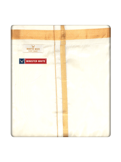 Mens Cotton Cream Double Layered with Gold Jari Velcro Pocket Dhoti - Royal by Minister White