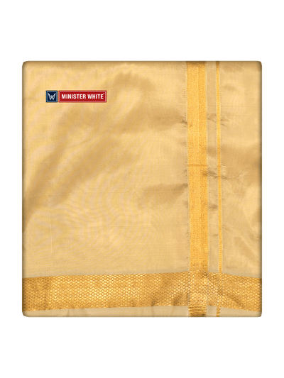 Mens Art Silk Medium Gold Full Sleeves Shirt with Gold Jari Border Dhoti Combo Finesse