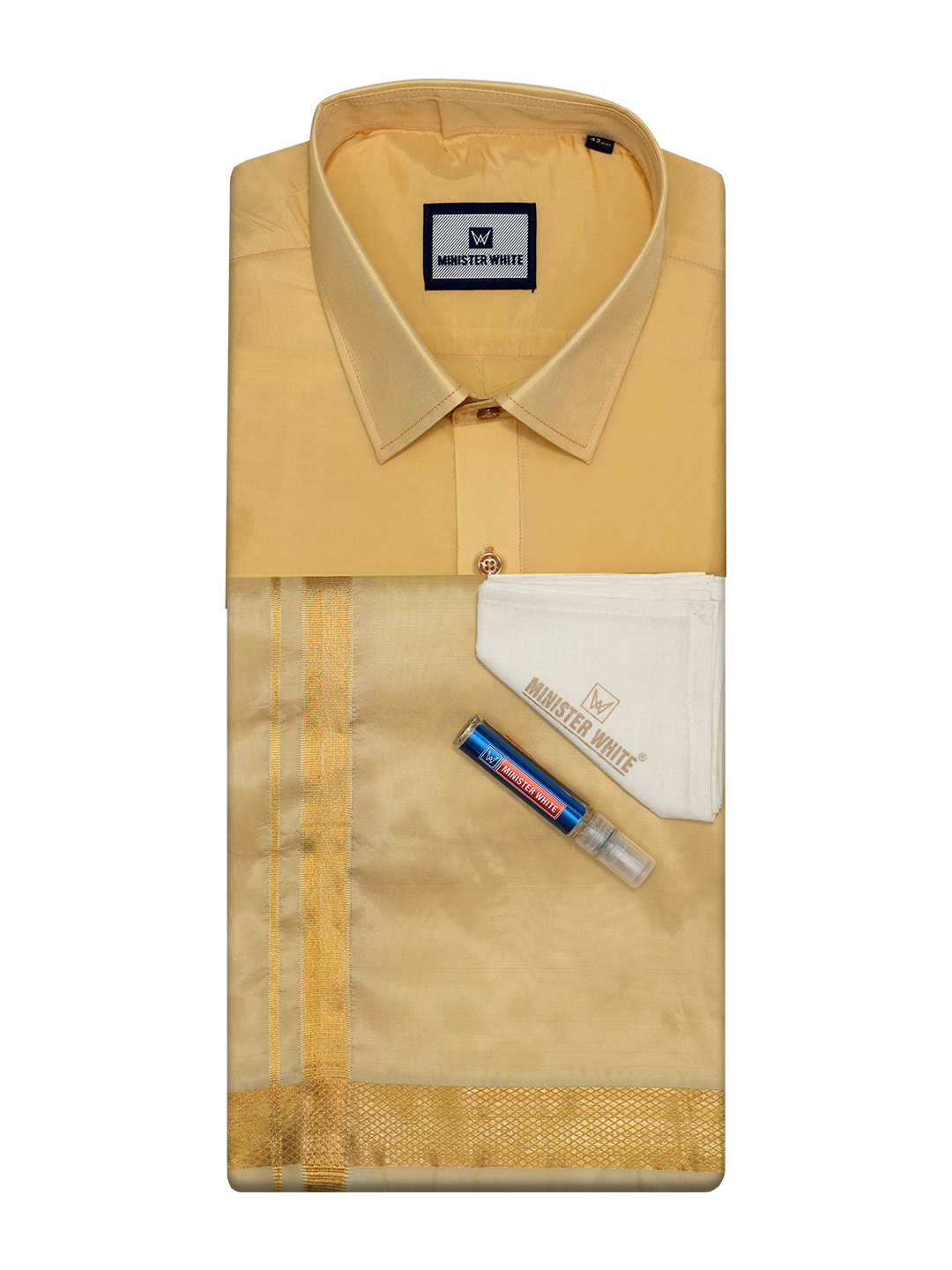 Mens Art Silk Medium Gold Full Sleeves Shirt with Gold Jari Border Dhoti Combo Finesse by Minister White