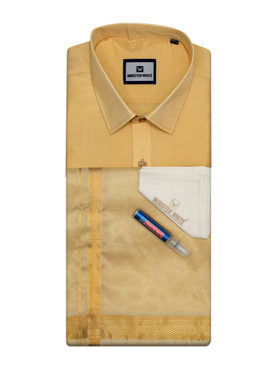 Mens Art Silk Medium Gold Full Sleeves Shirt with Gold Jari Border Dhoti Combo Finesse by Minister White