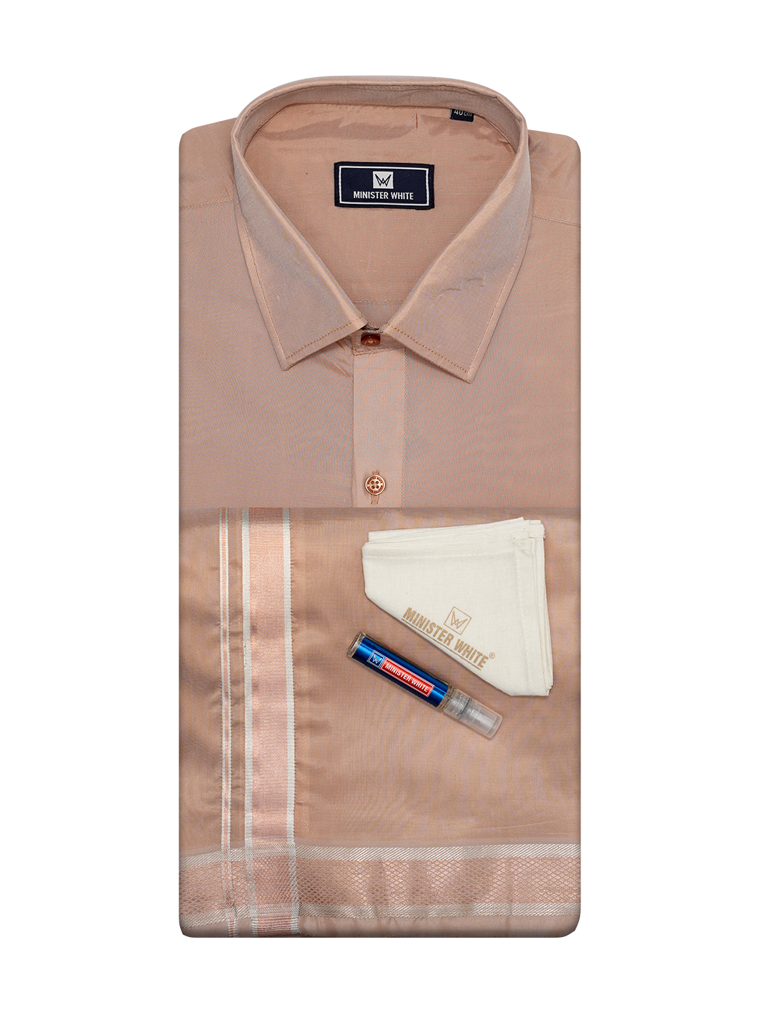 Mens Art Silk Light Copper Full Sleeves Shirt with Copper Jari Border Dhoti Combo Finesse