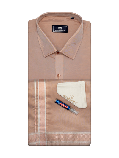 Mens Art Silk Light Copper Full Sleeves Shirt with Copper Jari Border Dhoti Combo Finesse