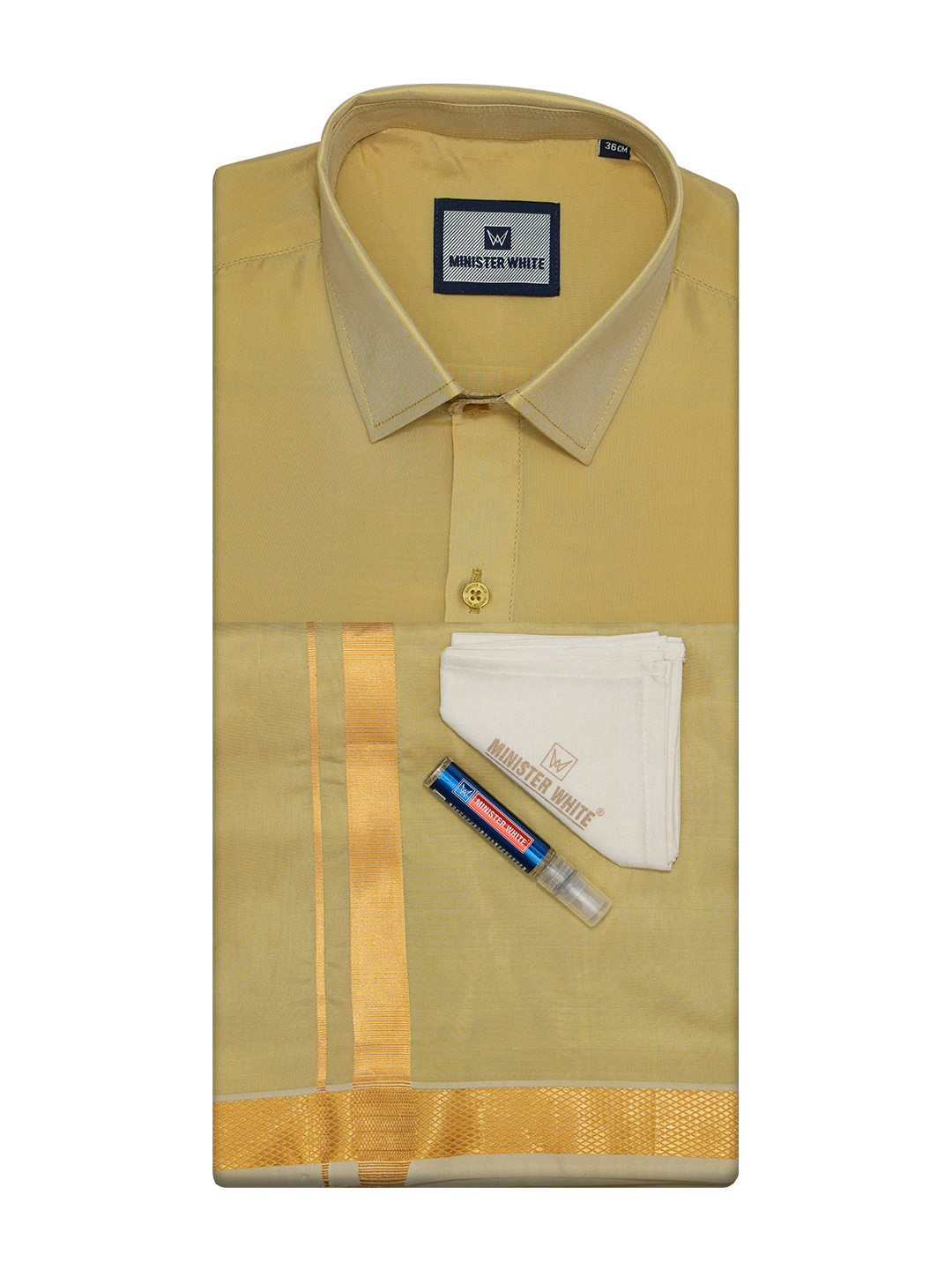 Mens Art Silk Mango Full Sleeves Shirt with Gold Jari Border Dhoti Combo Finesse