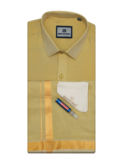 Mens Art Silk Mango Full Sleeves Shirt with Gold Jari Border Dhoti Combo Finesse
