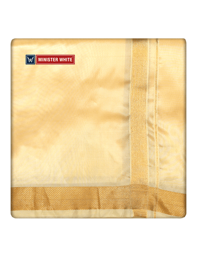 Mens Art Silk Light Gold Full Sleeves Shirt with Copper Jari Border Dhoti Combo Finesse