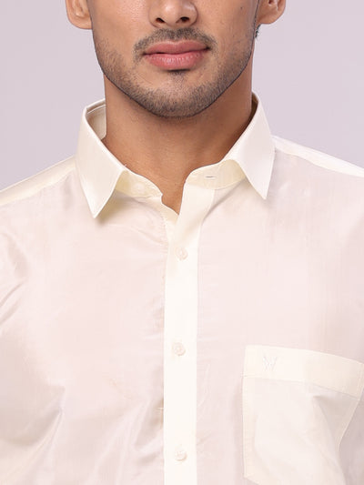 Men's Art Silk Cream Jacquard Full Sleeves Shirt with 3" Gold Jari Border & Towel Dhoti Combo Mangal