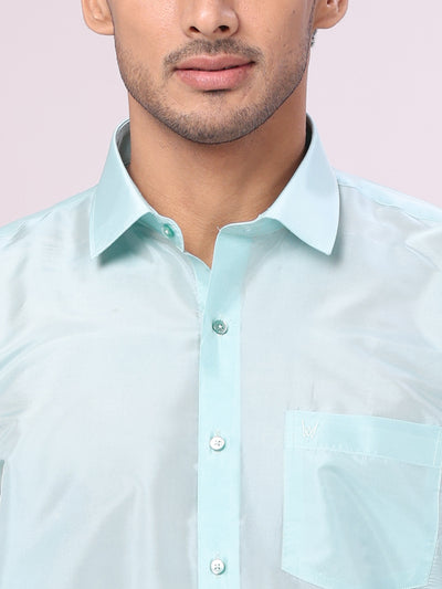 Men's Art Silk Sea Green Jacquard Full Sleeves Shirt with 3" Silver Jari Border Dhoti Combo Mangal