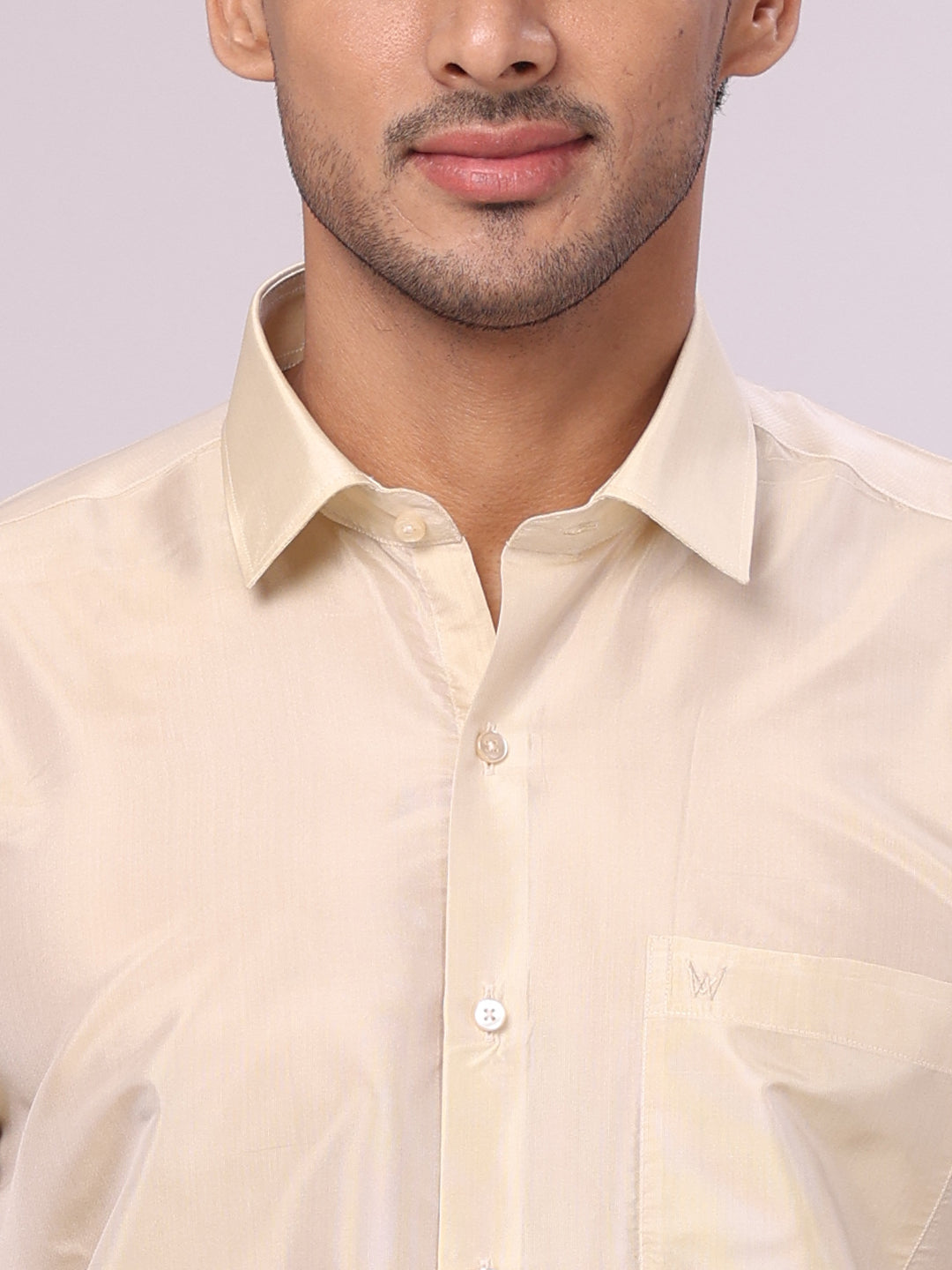 Men's Art Silk Fawn Gold Jacquard Full Sleeves Shirt with 4"  Gold Jari Border & Towel Dhoti Combo Mangal