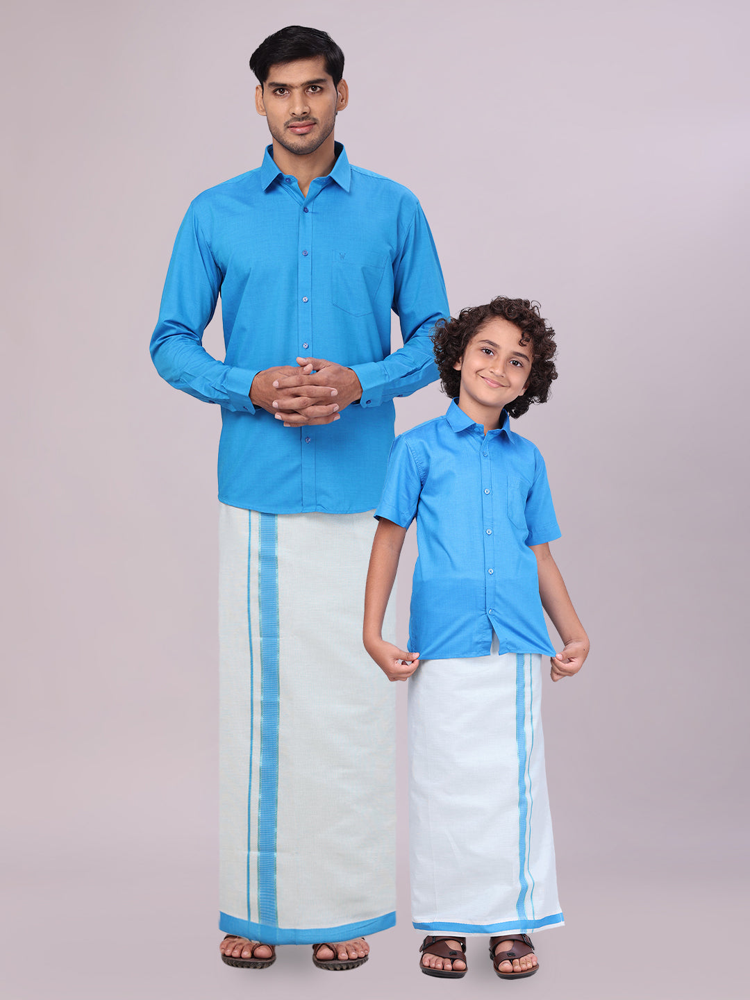 Father & Son Blue Colour Cotton Shirt with Matching Border Tissue Dhoti Combo