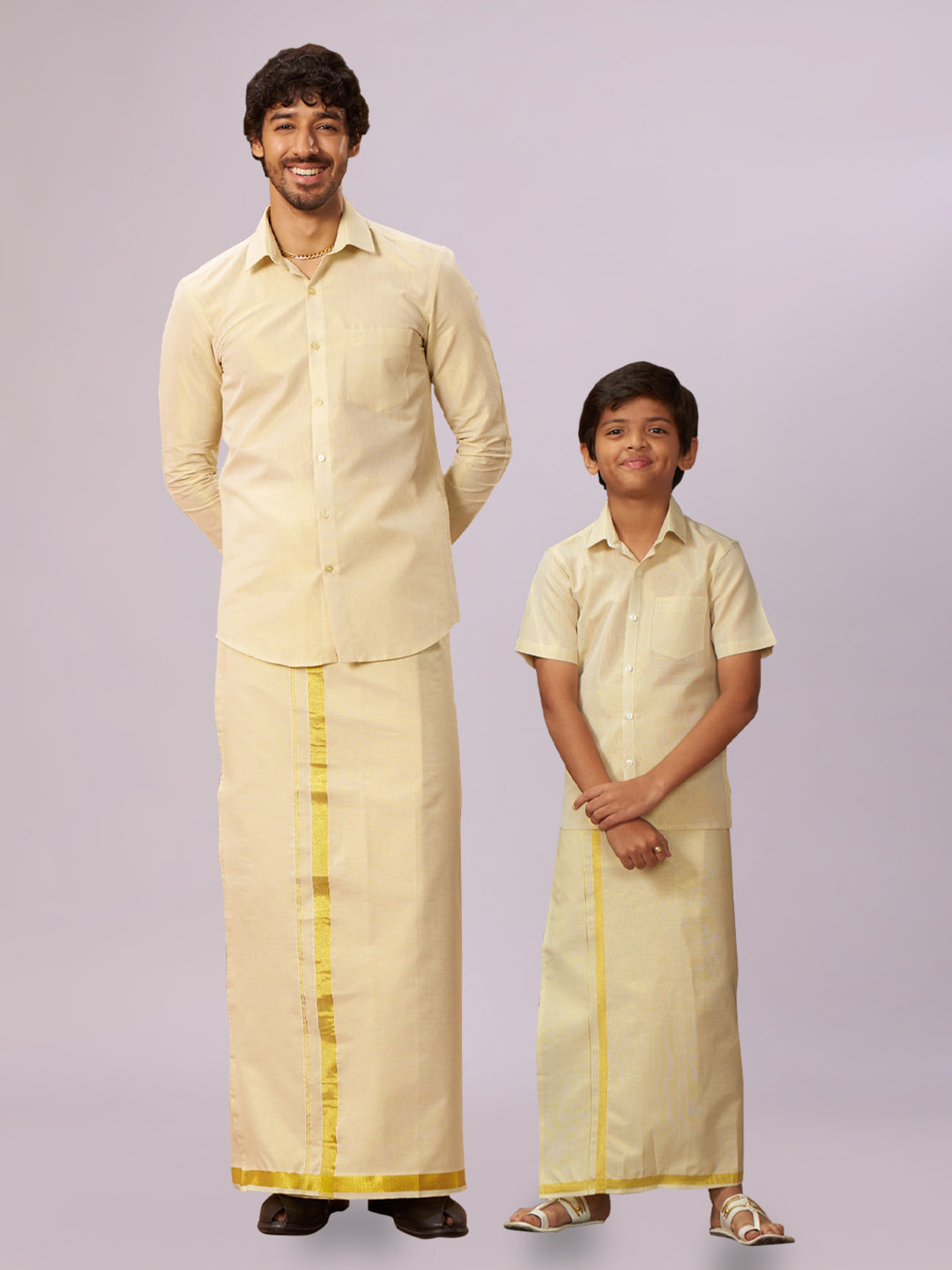 Father & Son Brass Colour Tissue Shirt with Jari Dhoti Combo