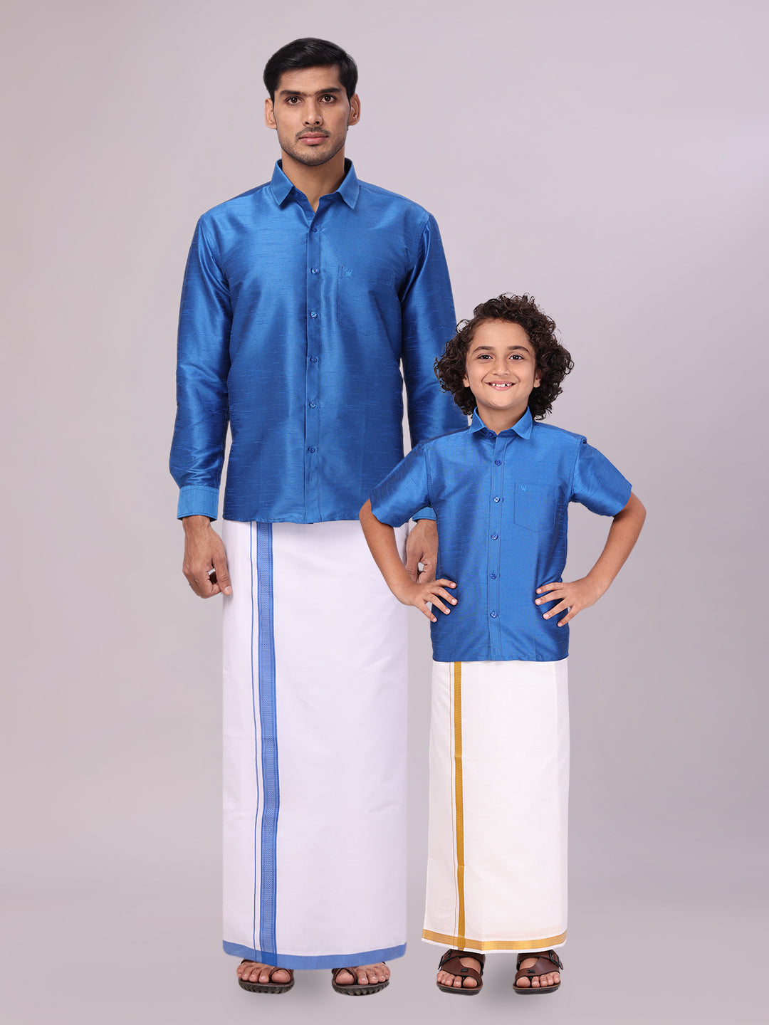 Matching Father & Son Dupion Satin Blue Shirt with Dhoti Combo