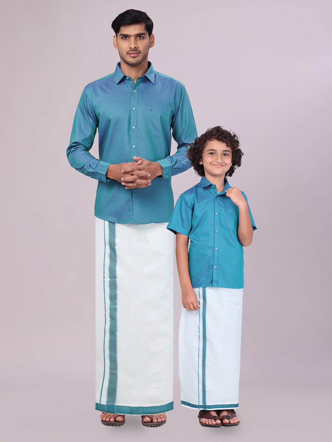 Father & Son Green Colour Cotton Shirt with Matching Border Tissue Dhoti Combo