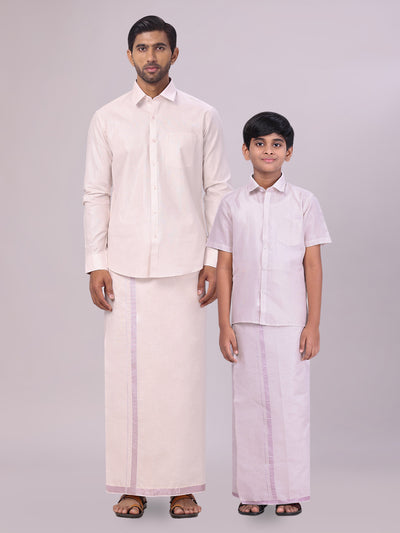Father & Son Light Rose Color Tissue Shirt with Jari Dhoti Combo