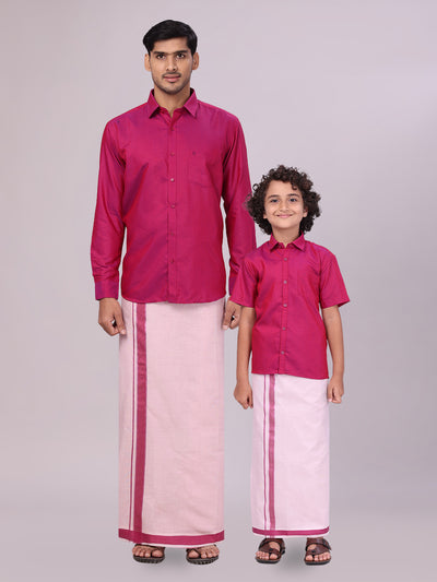 Father & Son Magenta Colour Cotton Shirt with Matching Border Tissue Dhoti Combo