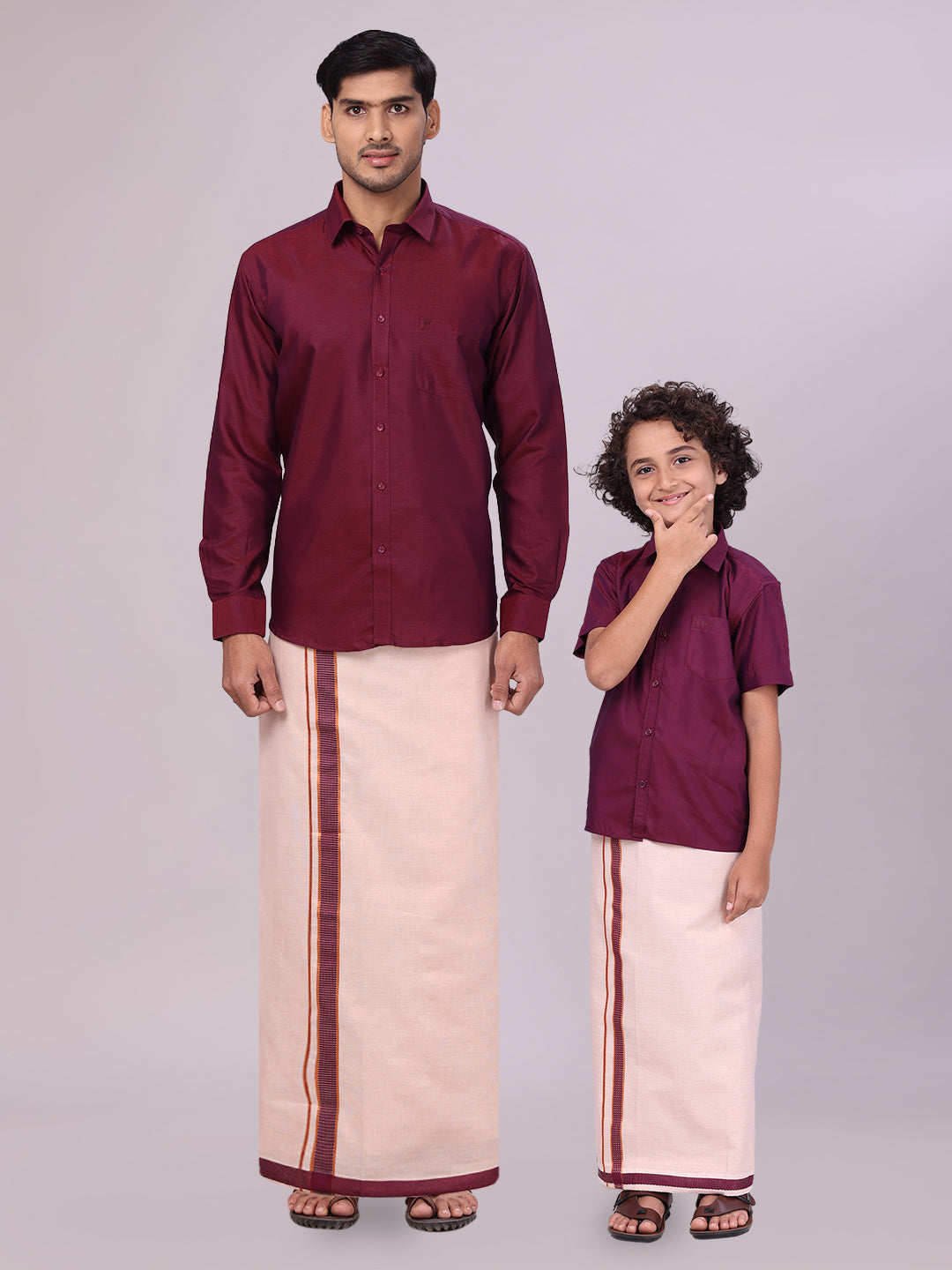 Father & Son Maroon Colour Cotton Shirt with Matching Border Tissue Dhoti Combo
