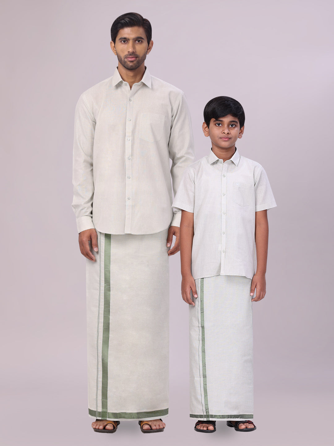 Father & Son Olive Green Colour Tissue Shirt with Jari Dhoti Combo