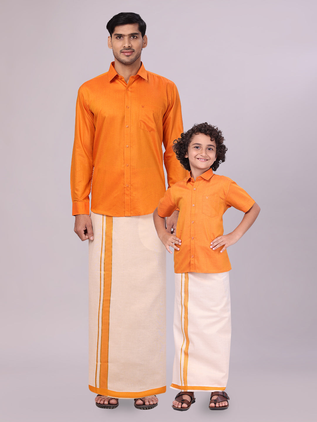 Father & Son Orange Color Cotton Shirt with Matching Border Tissue Dhoti Combo