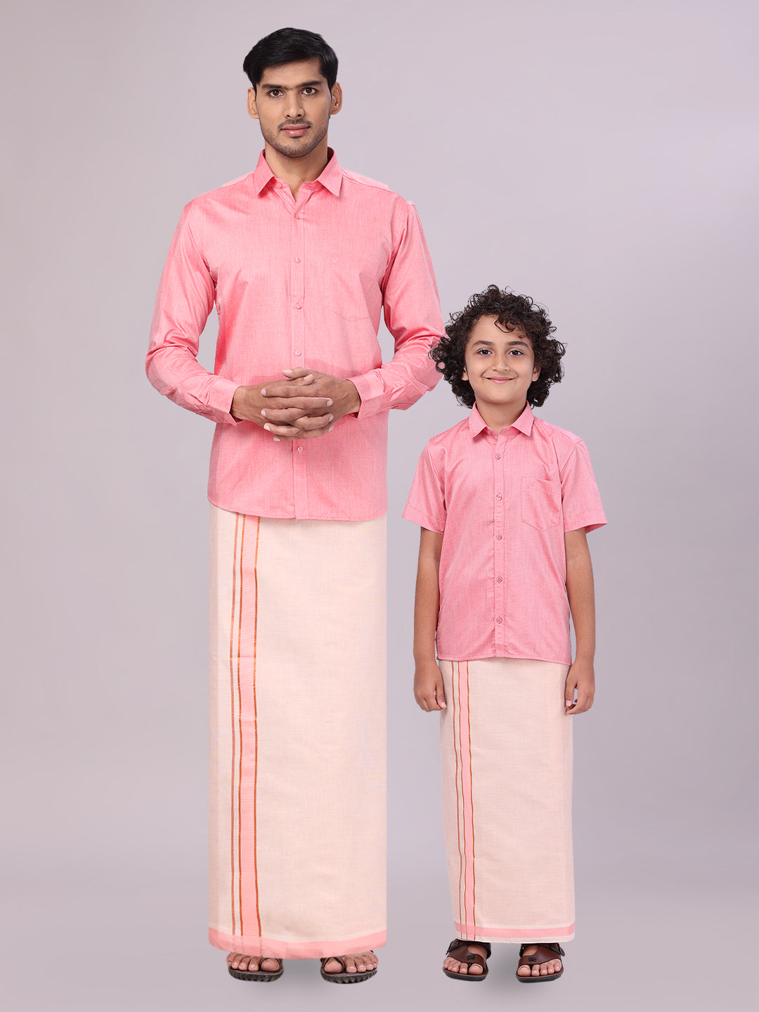 Father & Son Pink Colour Cotton Shirt with Matching Border Tissue Dhoti Combo