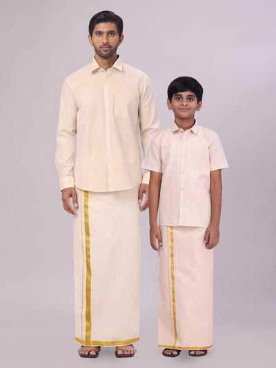 Father & Son Gold Colour Tissue Shirt with Jari Dhoti Combo