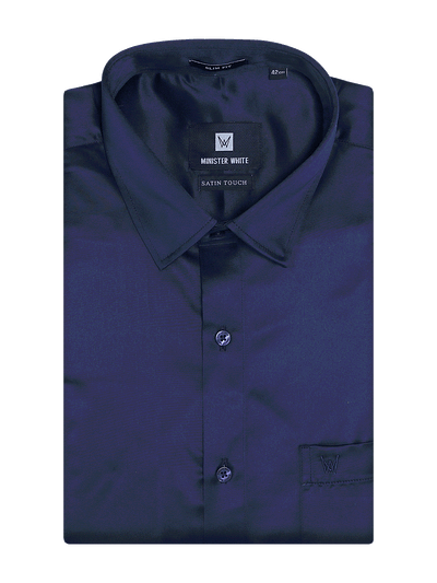 Mens Satin Slim Fit Navy Colour Shirt Satin Touch by Minister White
