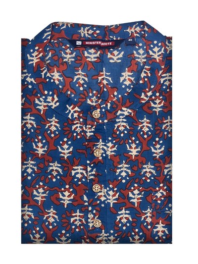 Mens Cotton Blue Colour Full Sleeves Short Kurta by Minister White