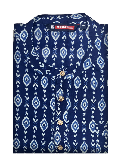 Mens Cotton Blue Colour Full Sleeves Short Kurta by Minister White