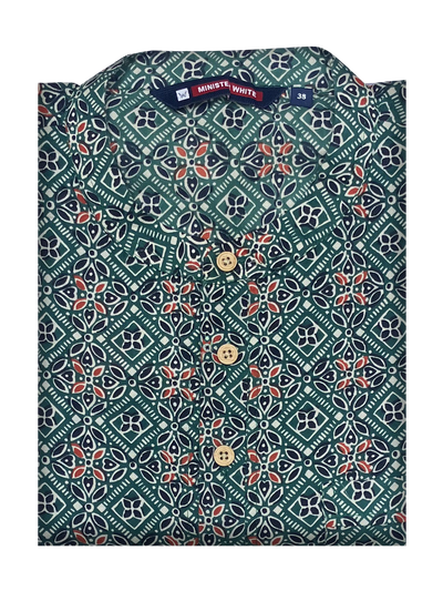 Mens Cotton Green Colour Full Sleeves Short Kurta by Minister White