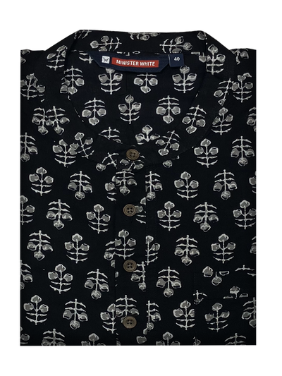 Mens Cotton Black Colour Full Sleeves Short Kurta by Minister White