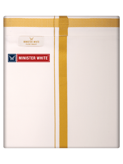 Mens Cotton Cream Colour Single Layered with Gold Jari Flexi Dhoti - Targus Sgl by Minister White