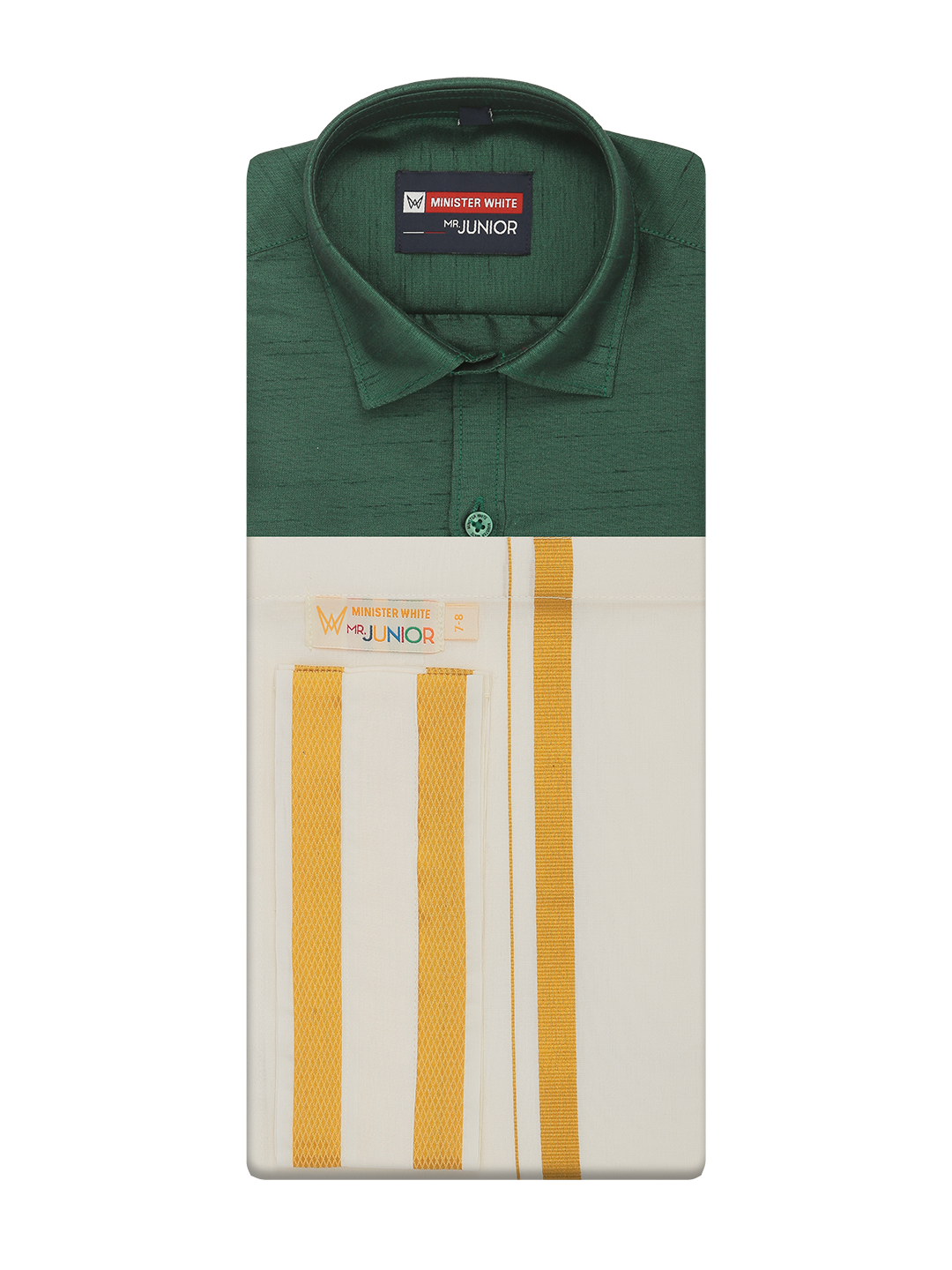 Boys Green Color Half Sleeves Shirt with Gold Jari Flexi Dhoti Adorable Boy by Minister White
