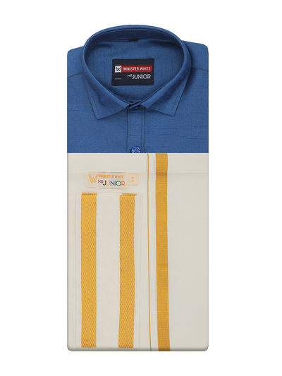 Boys Blue Color Half Sleeves Shirt with Gold Jari Flexi Dhoti Adorable Boy by Minister White
