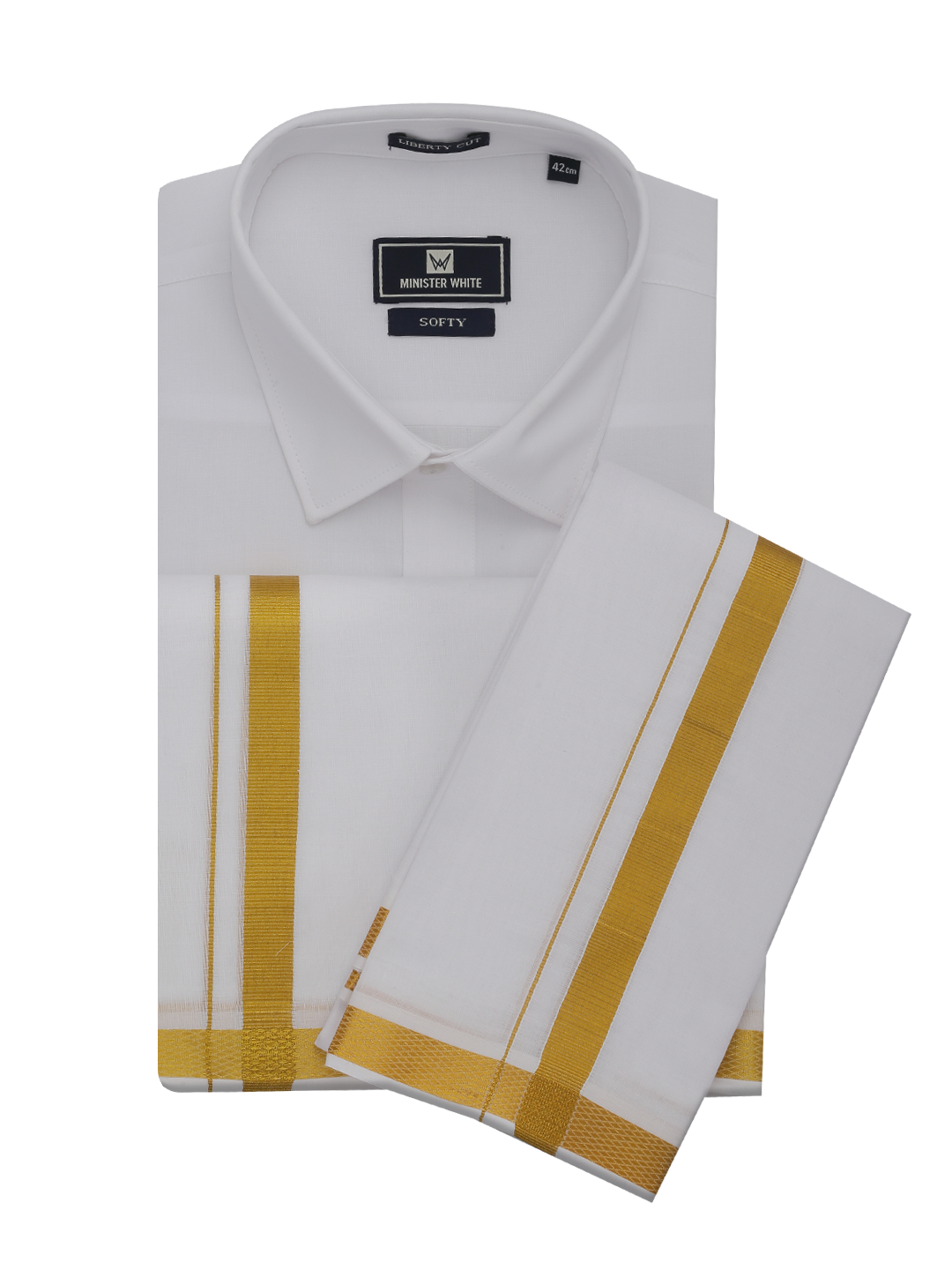 Mens Pure Cotton White Wedding Shirt Dhoti Towel Combo - Santham White