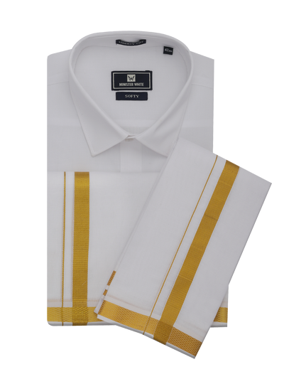 Mens Pure Cotton White Wedding Shirt Dhoti Towel Combo - Santham White