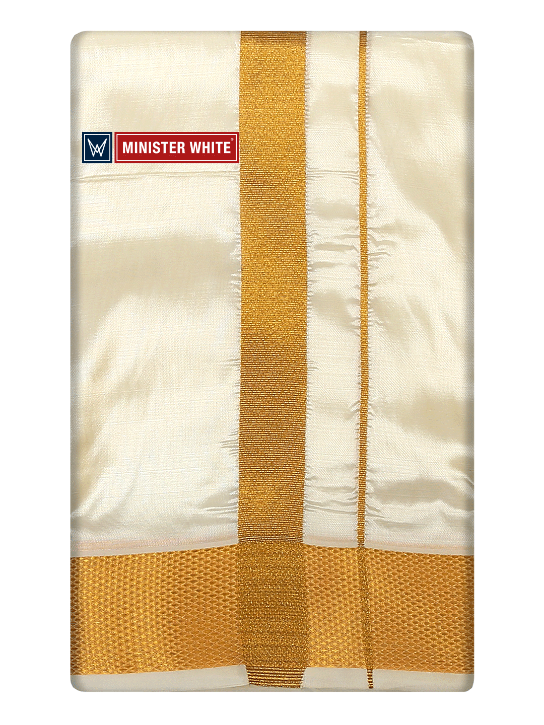 Mens Art Silk Cream Double Dhoti with 100K Gold Jari Border Gaya 100K by Minister White