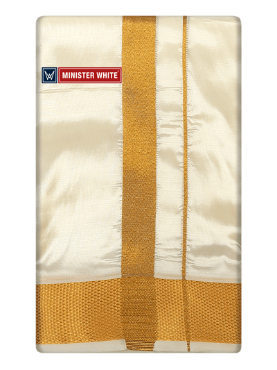Mens Art Silk Cream Double Dhoti with 100K Gold Jari Border Gaya 100K by Minister White