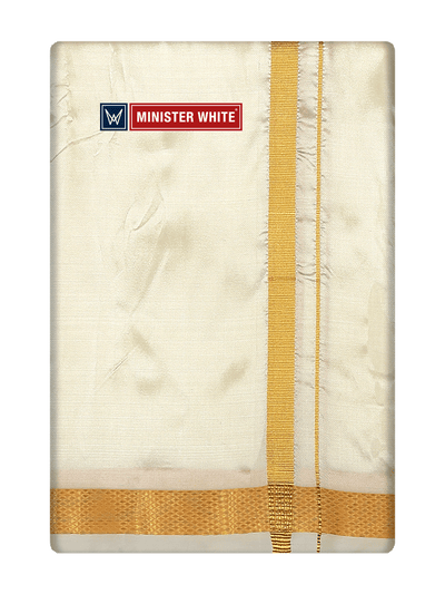 Mens Art Silk Double Layer Cream Dhoti with 50K Gold Jari Border - Prince 50K by Minister White