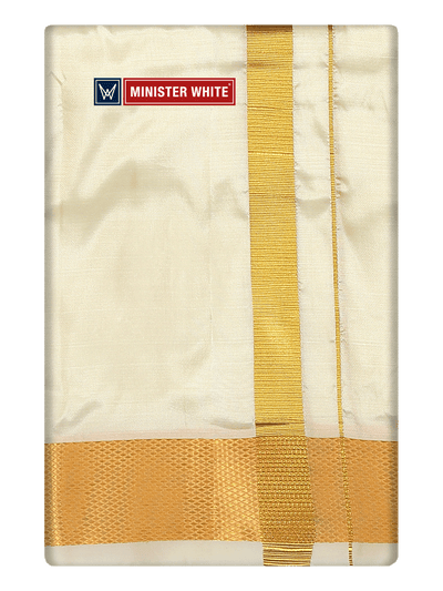Mens Silk Mix Double Layer Cream Dhoti with 100K Gold Jari Border - Prince 100K by Minister White