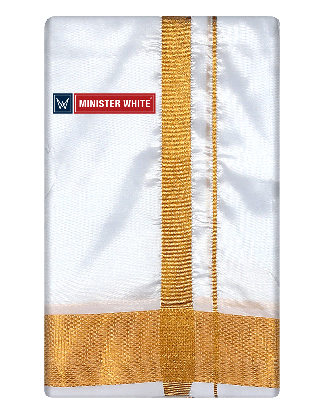 Mens Art Silk White Double Dhoti with 100K Gold Jari Border - Dharmashala 100K by Minister White