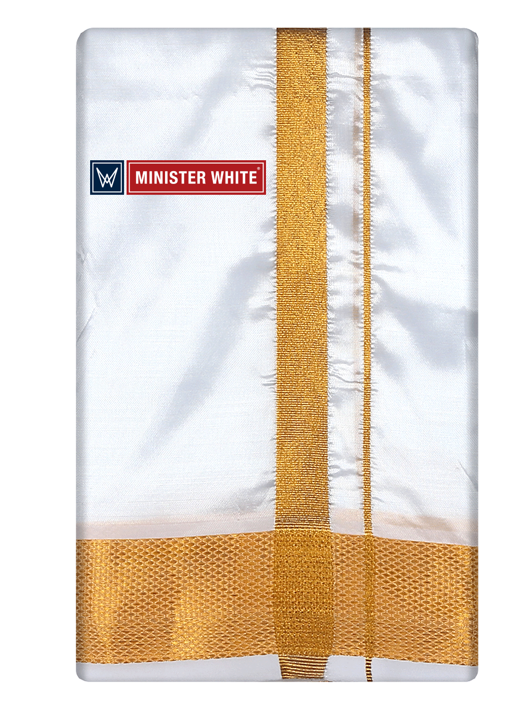 Mens Art Silk White Double Dhoti with 100K Gold Jari Border - Dharmashala 100K