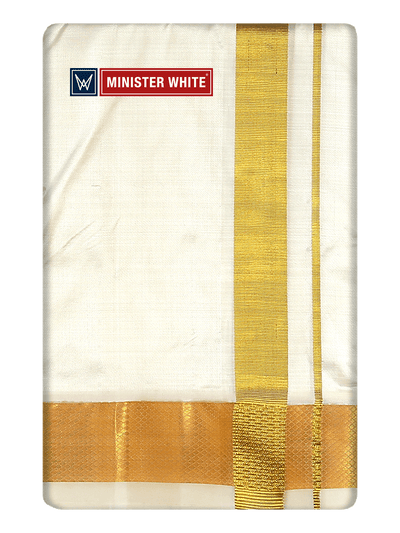 Mens Double Layer Cream Pure Silk Dhoti with 100K Golden Jari Border - Yukta 100K by Minister White