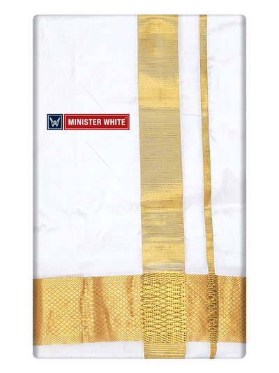 Mens Double Layer White Pure Silk Dhoti with 100K Golden Jari Border - Bheeshma 100K by Minister White