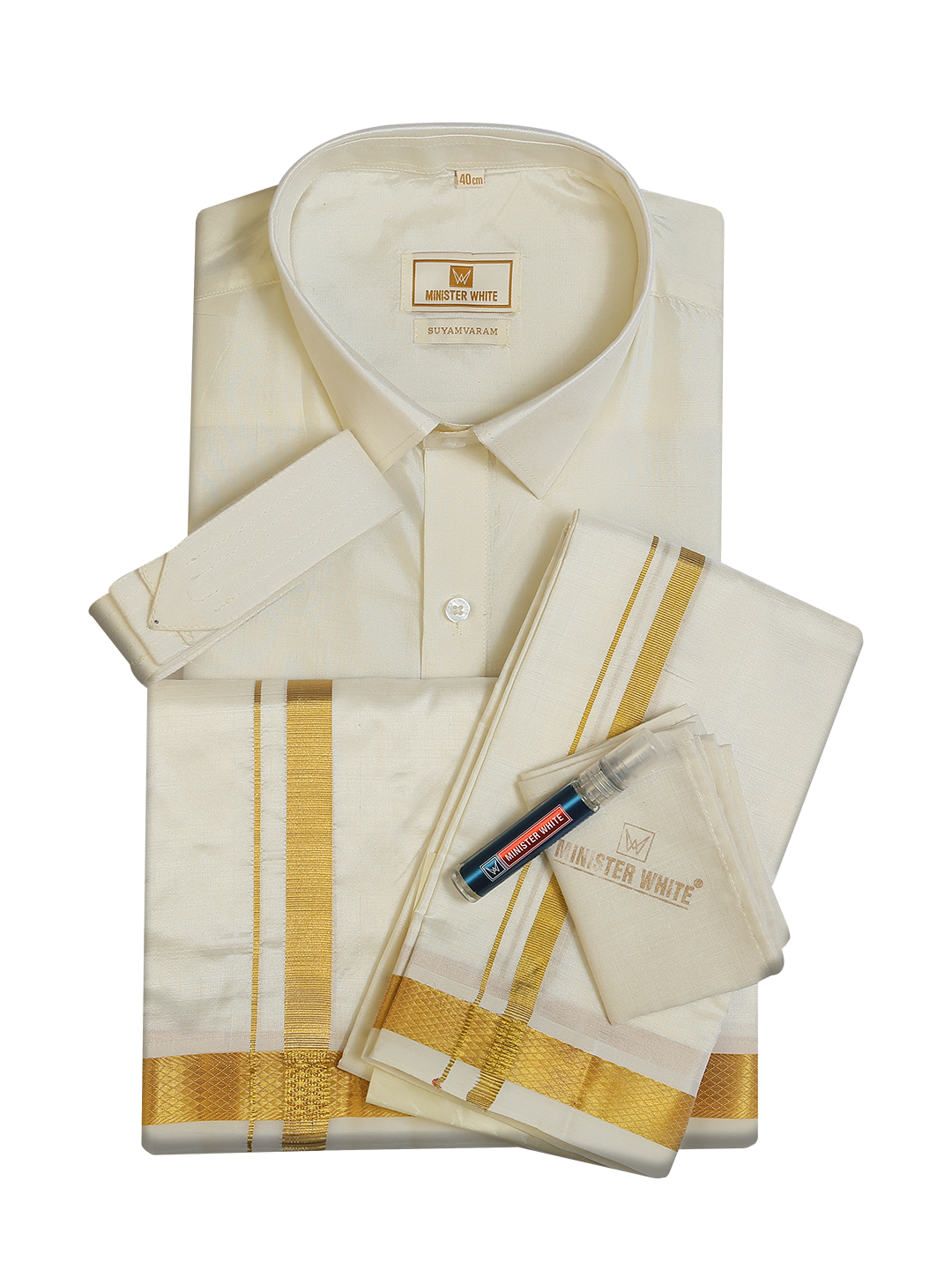 Mens Pure Silk Wedding Cream Shirt, Dhoti, Nerial with Belt Combo - Nesam 50 K