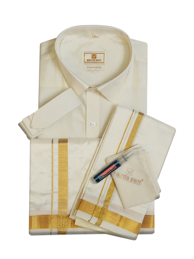 Mens Pure Silk Wedding Cream Shirt, Dhoti, Nerial with Belt Combo - Nesam 50 K