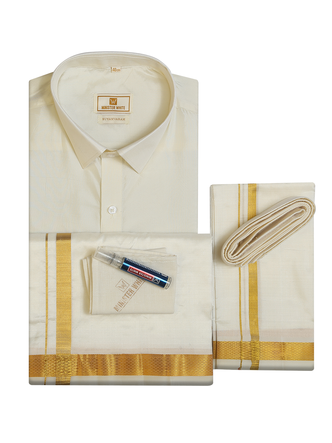 Men's Pure Silk Wedding Cream Shirt, Dhoti, Nerial with Belt Combo - Nesam 50 K by Minister White