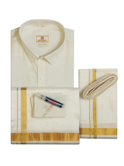 Mens Pure Silk Wedding Cream Shirt, Dhoti, Nerial with Belt Combo - Nesam 50 K