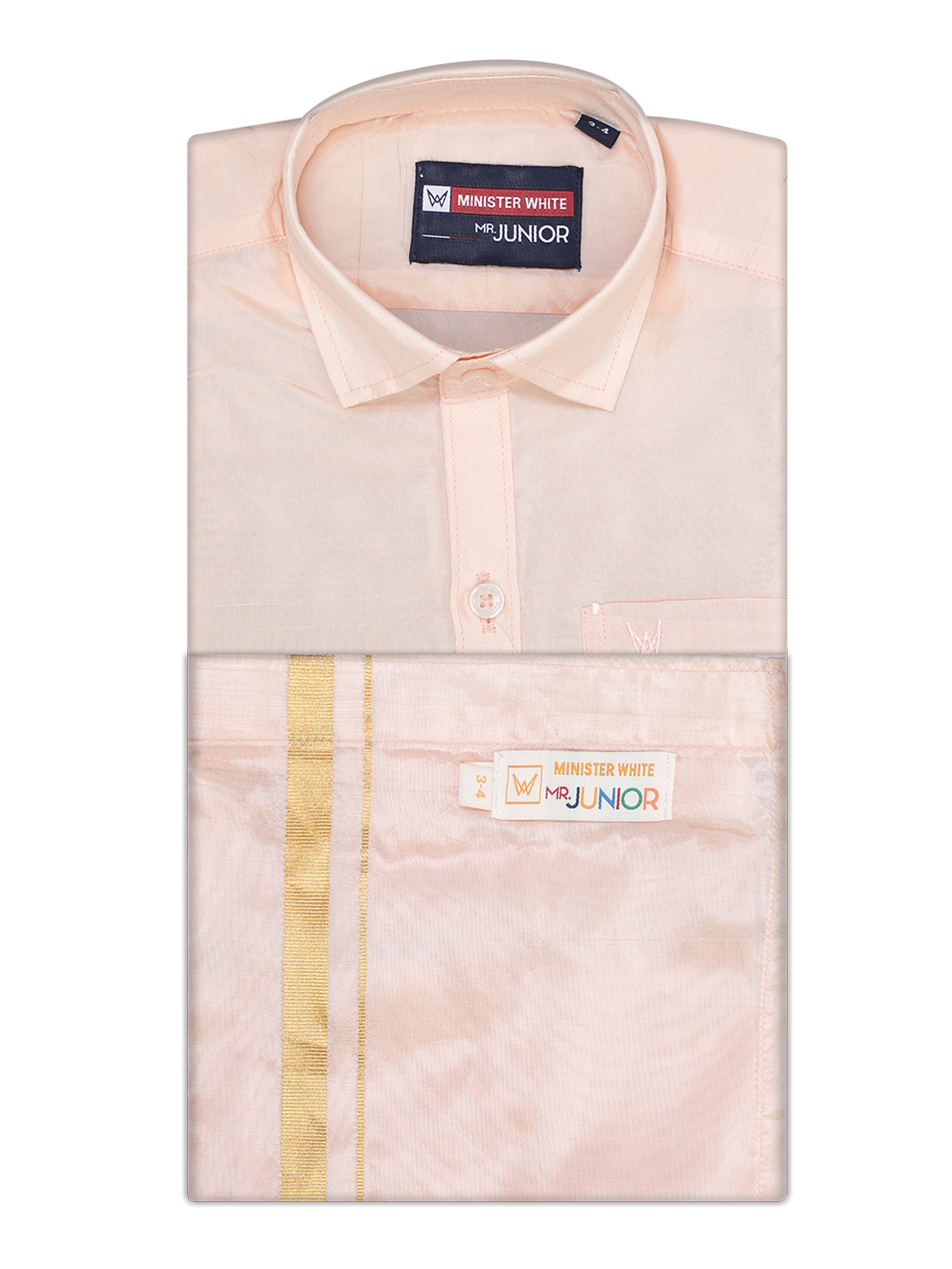 Boys Light Peach Matching Art Silk Shirt and Flexi Dhoti Combo Poppins by Minister White